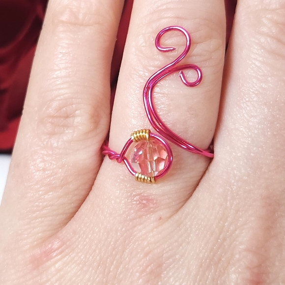 Pink AB Crystal Wire Wrapped Ring HOT Pink Wire Glass Crystal Handmade by me! - Picture 4 of 14